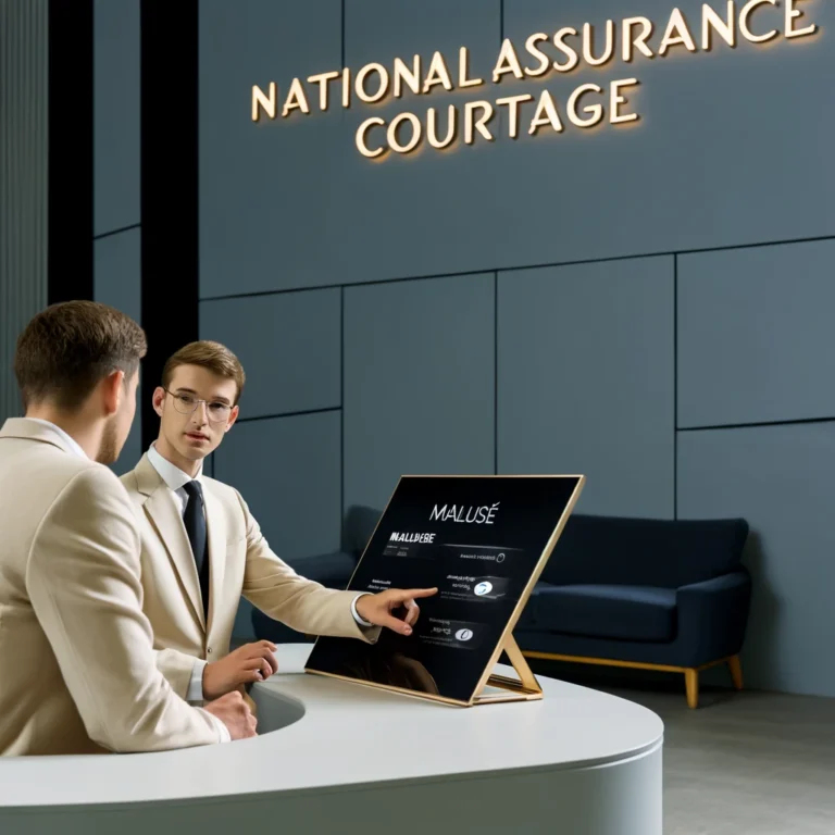 DALL·E 2024-05-05 15.50.22 - A sophisticated office scene for National Assurance Courtage, showcasing insurance options for high-risk drivers. The setting features a minimalist an