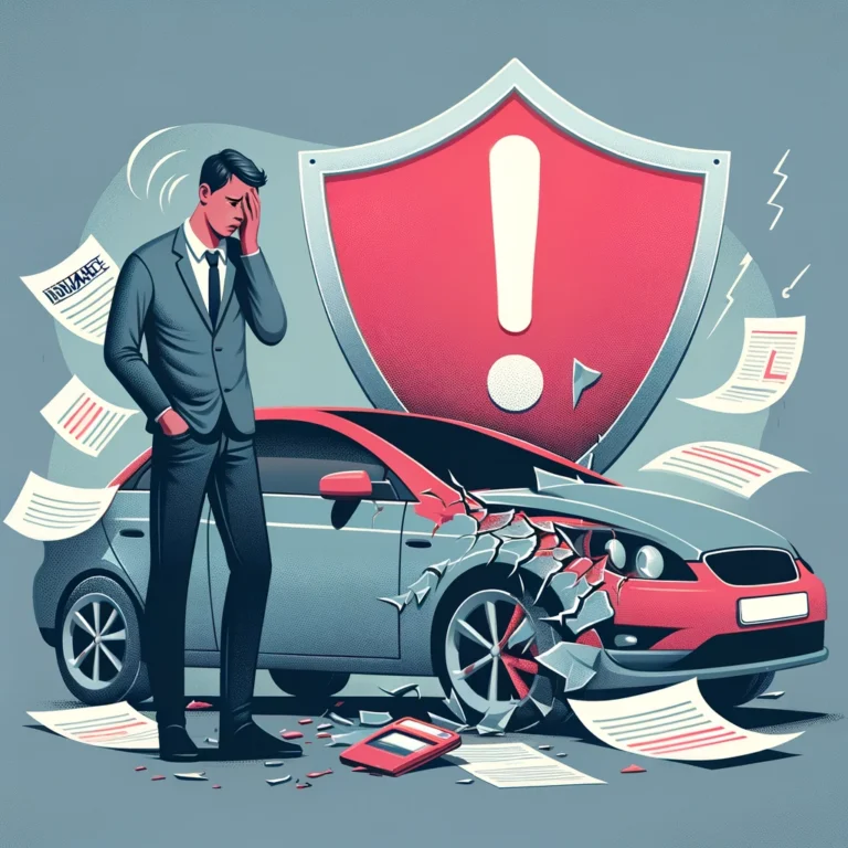 DALL·E 2024-05-14 01.48.43 - An illustration showing a worried person standing next to a slightly damaged car. The scene includes scattered insurance documents and a shield with a