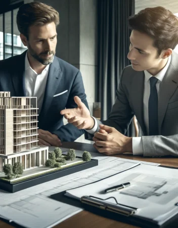 DALL·E 2024-05-07 17.50.12 – An entrepreneur discussing with a client in a professional setting, with a building model and construction plans on the table between them. The entrep DALL·E 2024-05-07 17.50.12 - An entrepreneur discussing with a client in a professional setting, with a building model and construction plans on the table between them. The entrep